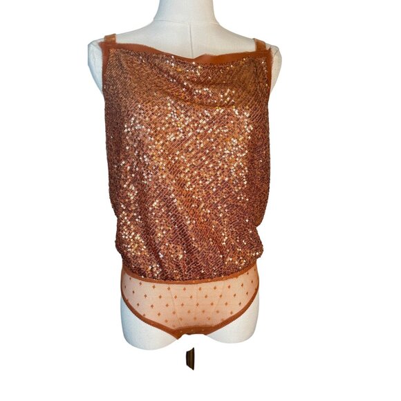 Free People XS Women's Shimmer & Shine Thong Bodysuit, Sunset, Brown, Metallic - Picture 1 of 15